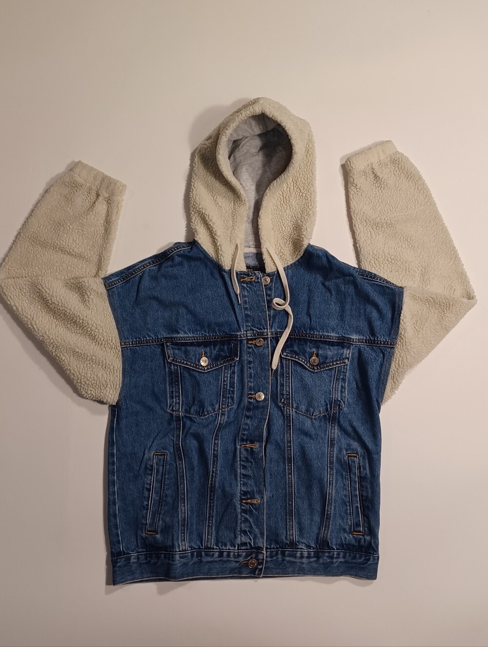 Forever 21 Blue Denim Jacket with Cream Sherpa Hood & Sleeves